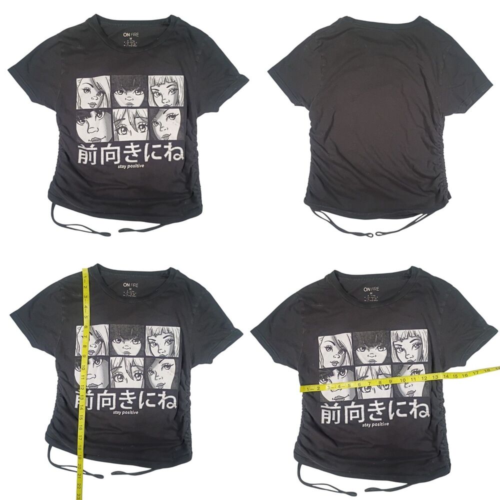 On Fire Anime Japanese Stay Positive Sz M Graphic T-Shirt Cinch Side Crop Top